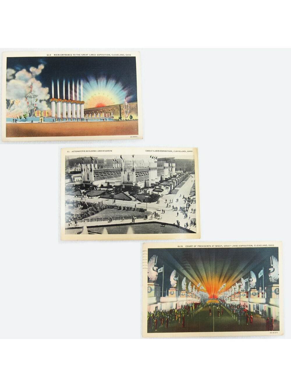 Vintage 1936 Great Lakes Expo 3 Postcards Entrance Court of Presidents & Auto